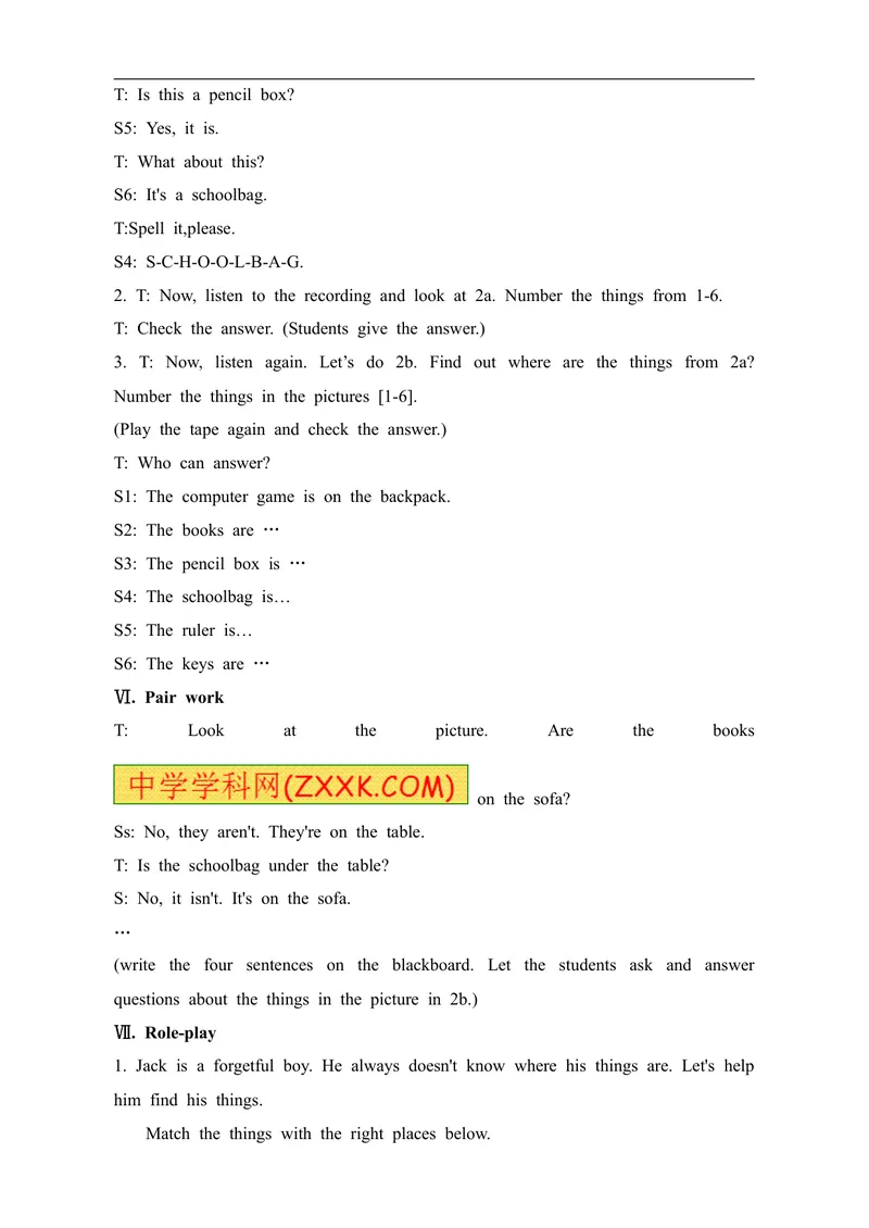 《七年级英语上册：Unit4Where’smyschoolbag教案_初中英语789_最新人教版英语七年级上册_七上英语旧版_第一套_人教版英语七年级上册（RJ)--1.电子教案_电子教案2》第5页预览