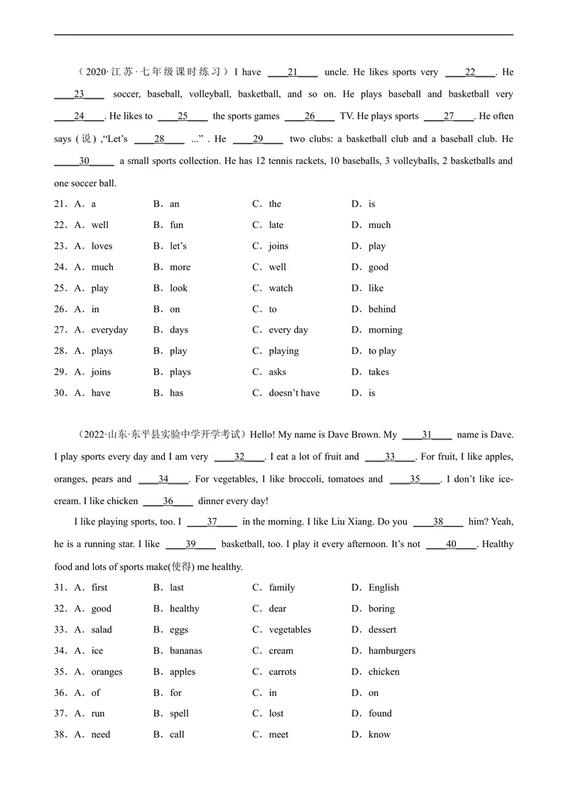 《Unit5单元话题完形填空专项练习-七年级英语上册单元重难点易错题精练（人教版）_初中英语789_最新人教版英语七年级上册_英语7上最新改版_04.英语7上-试题_专题训练》第2页预览