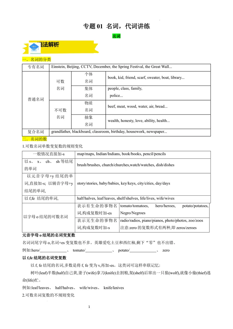 《专题01名词，代词讲练（原卷版）_初中英语789_最新人教版英语八年级上册_新版_最新2025秋人教版英语（八年级上册）_2025秋人教版英语8上：预习资料包_语法复习专题01名词，代词讲练》第1页预览