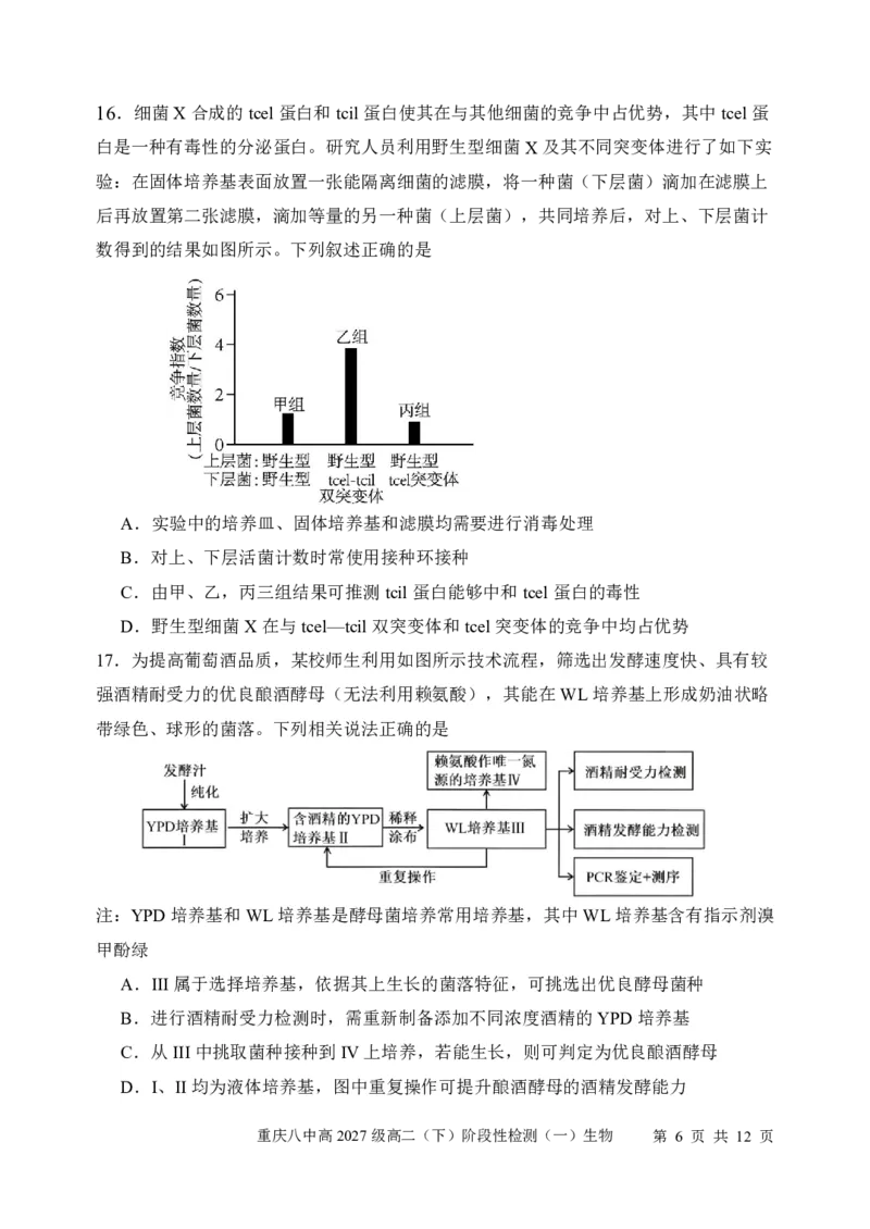 《生物-重庆市重庆八中2027级高二下阶段性检测（一）暨4月月考_2024-2027高二（7-7月题库）_2026年04月高二试卷_260408重庆市重庆八中2027级高二下阶段性检测（一）暨4月月考》第6页预览