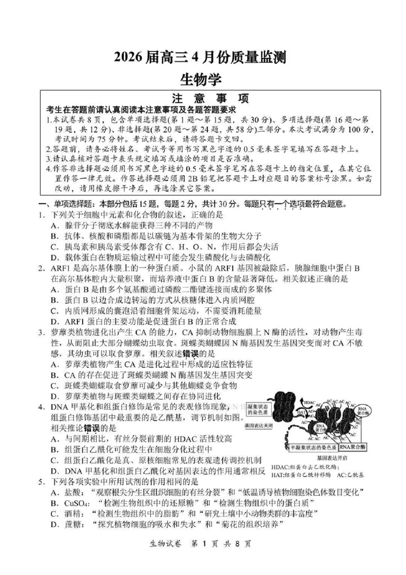《生物-江苏省2026届高三新高考基地第二次大联考_2024-2027高三（6-6月题库）_2026年05月高三试卷_260503江苏省2026届高三新高考基地第二次大联考》第1页预览