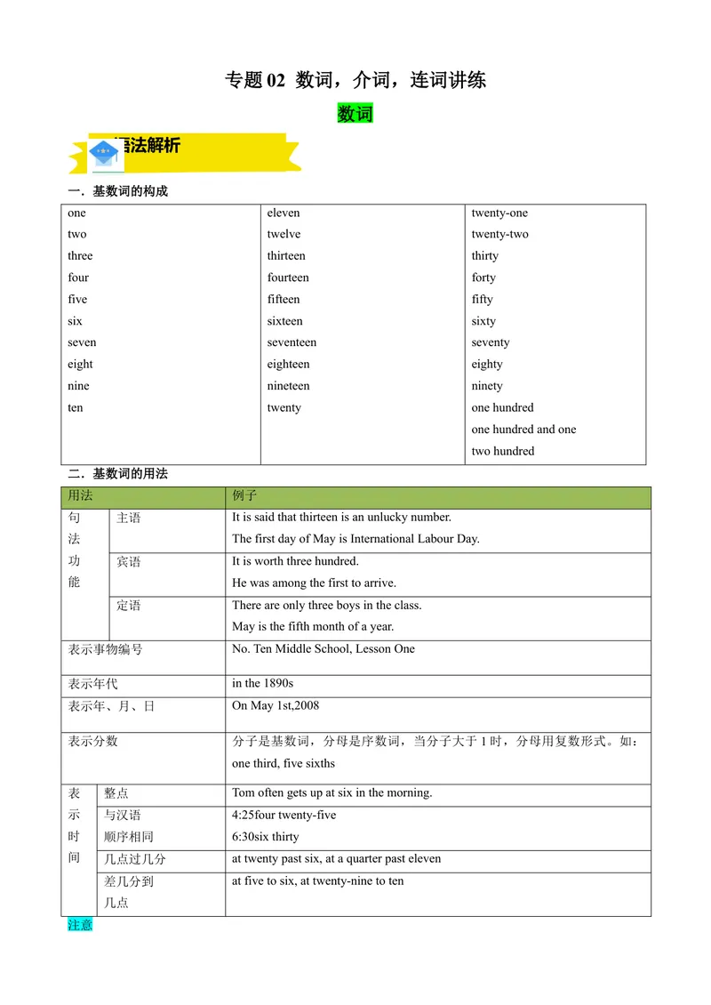 《专题02数词，介词，连词讲练（原卷版）_初中英语789_最新人教版英语八年级上册_新版_最新2025秋人教版英语（八年级上册）_2025秋人教版英语8上：预习资料包》第1页预览