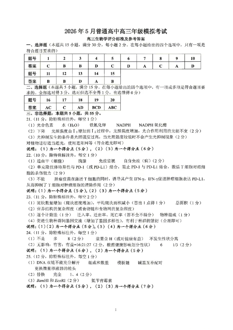 《生物答案-辽宁省协作校联合体2026年5月普通高中高三年级考前模拟考试(5.21-5.22)_2024-2027高三（6-6月题库）_2026年05月高三试卷_260524辽宁协作校2026届高三最后一卷（全科）》第1页预览