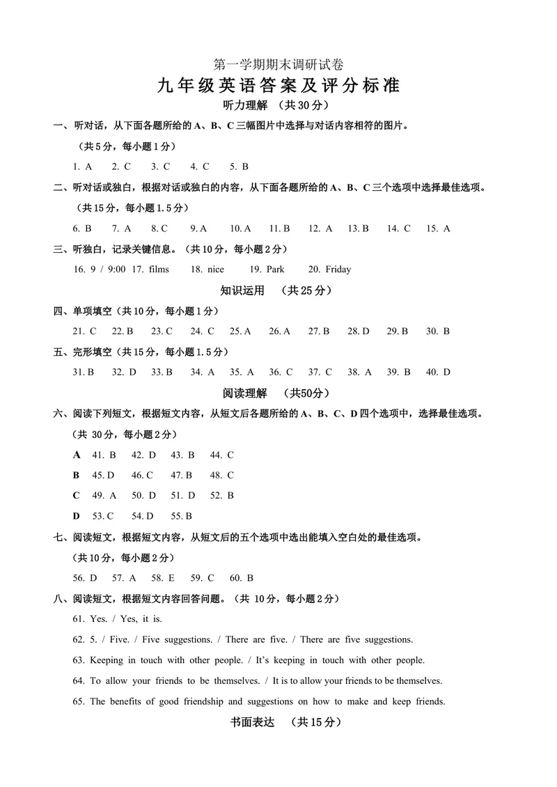 《九年级上学期期末考试英语试题答案_初中英语789_26秋最新人教版英语九年级上册_26秋人教九上_39、赠送其它资料_旧版资料_4.习题试卷_5人教英语9全一册期末试卷（015份）》第1页预览