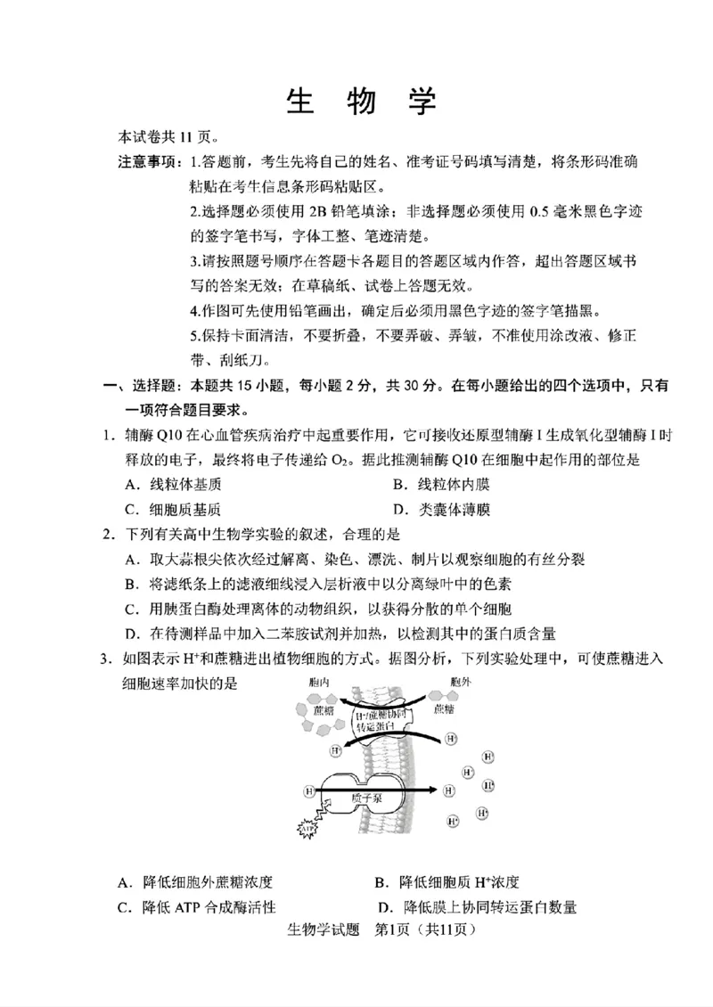 《生物-2026届长春高三下三模_2024-2027高三（6-6月题库）_2026年05月高三试卷_2605092026届长春三模试题(东北三省四市联考)（全科）》第1页预览