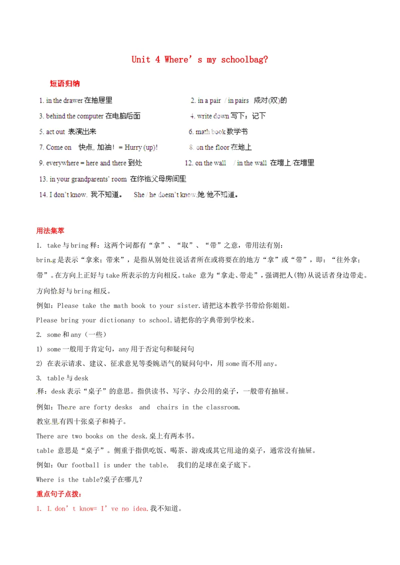 《Unit4Where'smyschoolbag？基础知识手册_初中英语789_最新人教版英语七年级上册_七上英语旧版_第二套_人教版英语七年级上册知识点梳理_人教版英语七年级上册知识点梳理》第1页预览