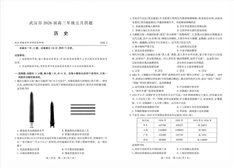 《武汉市2026届高三年级五月供题历史_2024-2027高三（6-6月题库）_2026年05月高三试卷_260522湖北省武汉市2026届高三年级五月供题（全科）》第1页预览