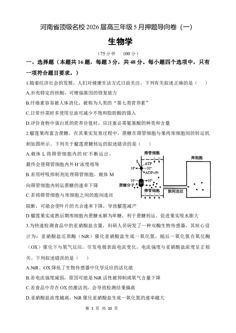 《河南省顶级名校2026届高三年级5月押题导向卷（一）生物_2024-2027高三（6-6月题库）_2026年05月高三试卷_260524河南省顶级名校2026届高三年级5月押题导向卷（一）（全科）》第1页预览