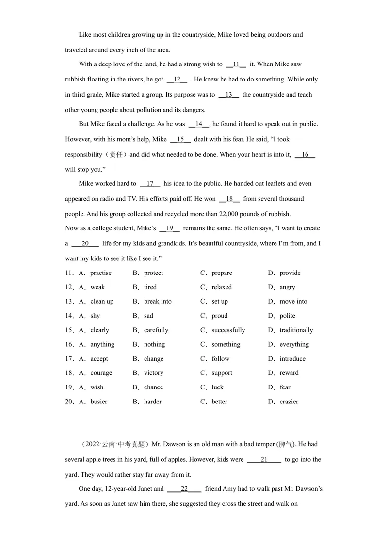 《专题19-完形填空（二）20篇-（原卷版）_初中英语789_旧版人教版英语九年级全册_旧版可参考_06.英语9全一册-试题_专项训练_专题19-完形填空（二）20篇》第2页预览