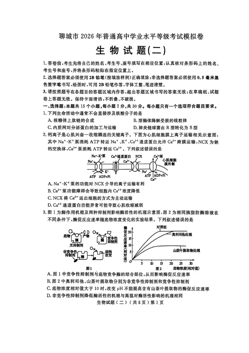 《聊城市2026年普通高中学业水平等级考试模拟卷生物_2024-2027高三（6-6月题库）_2026年05月高三试卷_260503山东省聊城市2026年普通高中学业水平等级考试模拟卷（聊城二模）（全科）》第1页预览