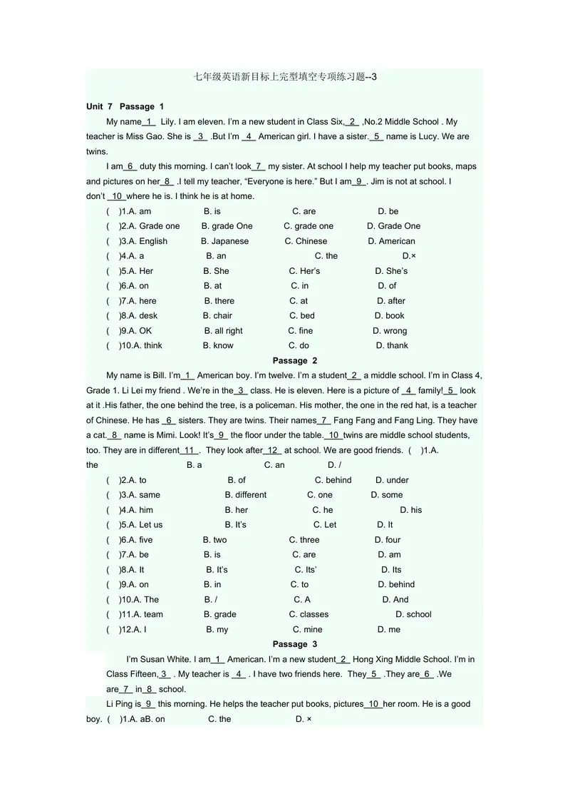 《完型填空专项练习题3_初中英语789_最新人教版英语七年级上册_英语7上最新改版_赠送英语7上旧版资料和新版课文好多一样仍具有很高参考价值_04.英语7上-试题_专题训练》第1页预览