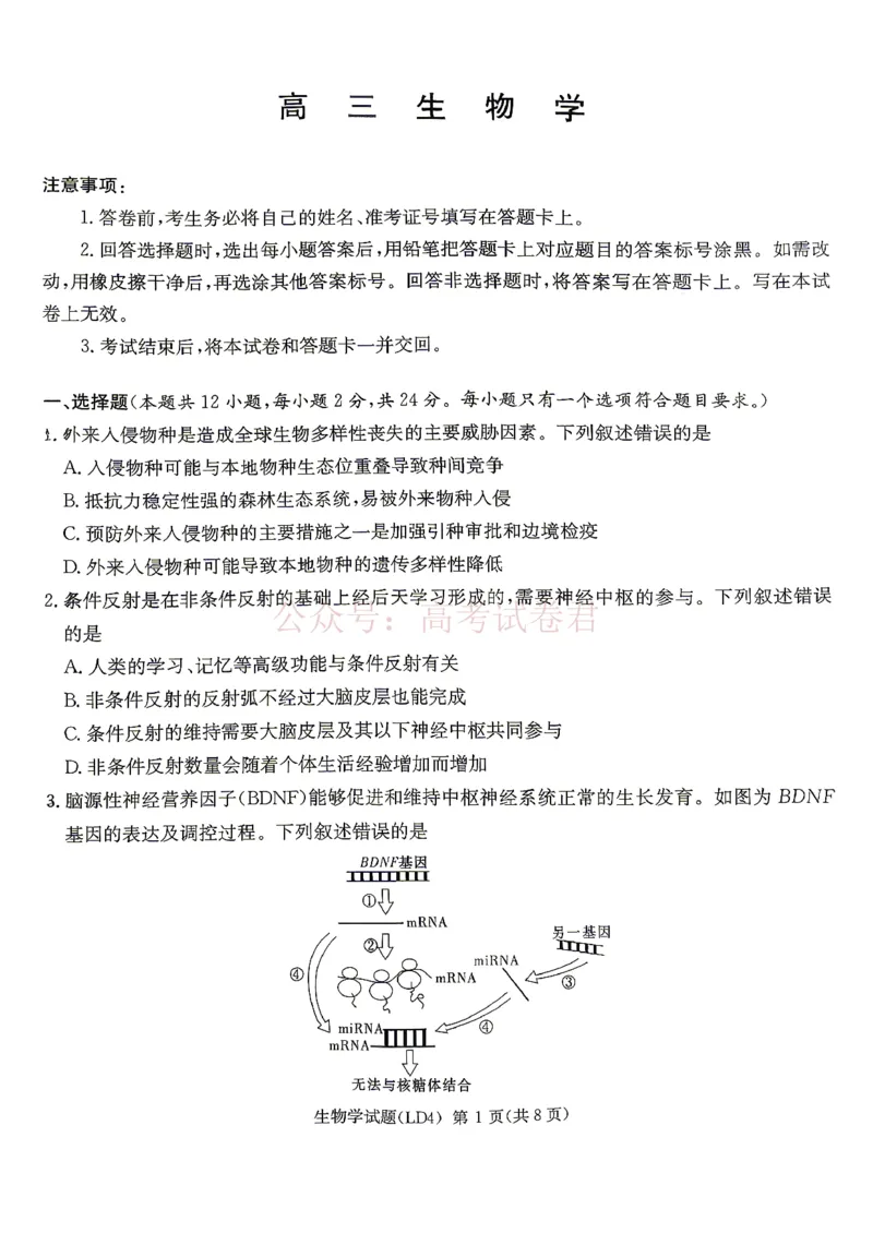 《衡阳市2026届高三下学期第二次联考生物_副本_副本_副本_12.2026年4月全国各地高考模拟卷_2026年4月_湖南衡阳二联2026年湖南省衡阳市高三下学期第二次联考全科》第1页预览