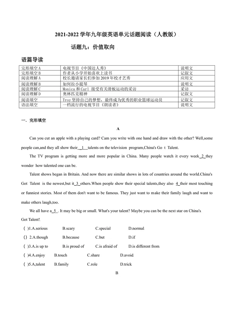《话题9文娱与体育--2021-2022学年九年级英语话题阅读（人教版）_初中英语789_26秋最新人教版英语九年级上册_26秋人教九上_39、赠送其它资料_旧版资料_4.习题试卷》第1页预览
