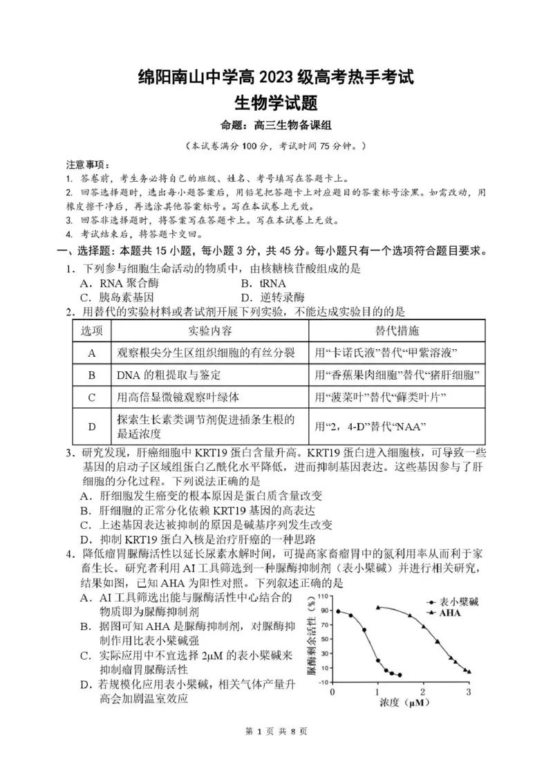 《绵阳南山中学高2023级高考热手考试生物_2024-2027高三（6-6月题库）_2026年06月高三试卷_260603四川省绵阳南山中学高2023级高考热手考试（全科）》第1页预览