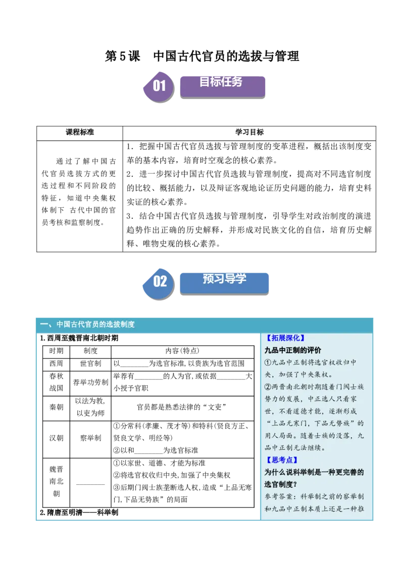 《第5课中国古代官员的选拔与管理（填空版）_新版高中_高中历史新版_高中历史选择性必修1（统编版）_同步讲义_2024版》第1页预览