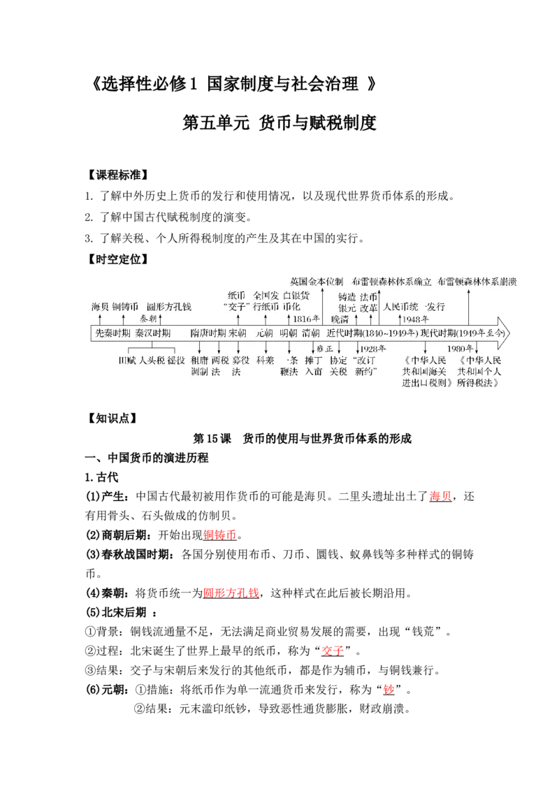 《第五单元货币与赋税制度（选择性必修一二三）_新版高中_高中历史新版_高中历史选择性必修1（统编版）_核心考点必背清单-F26》第1页预览