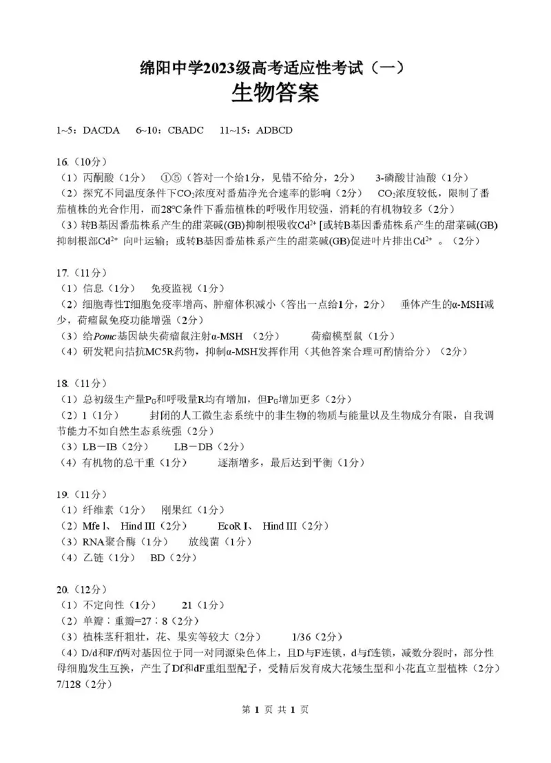 《绵阳中学2023级高考适应性考试（一）生物答案_2024-2027高三（6-6月题库）_2026年05月高三试卷_260524四川绵阳中学2023级高考适应性考试（一）（全科）》第1页预览