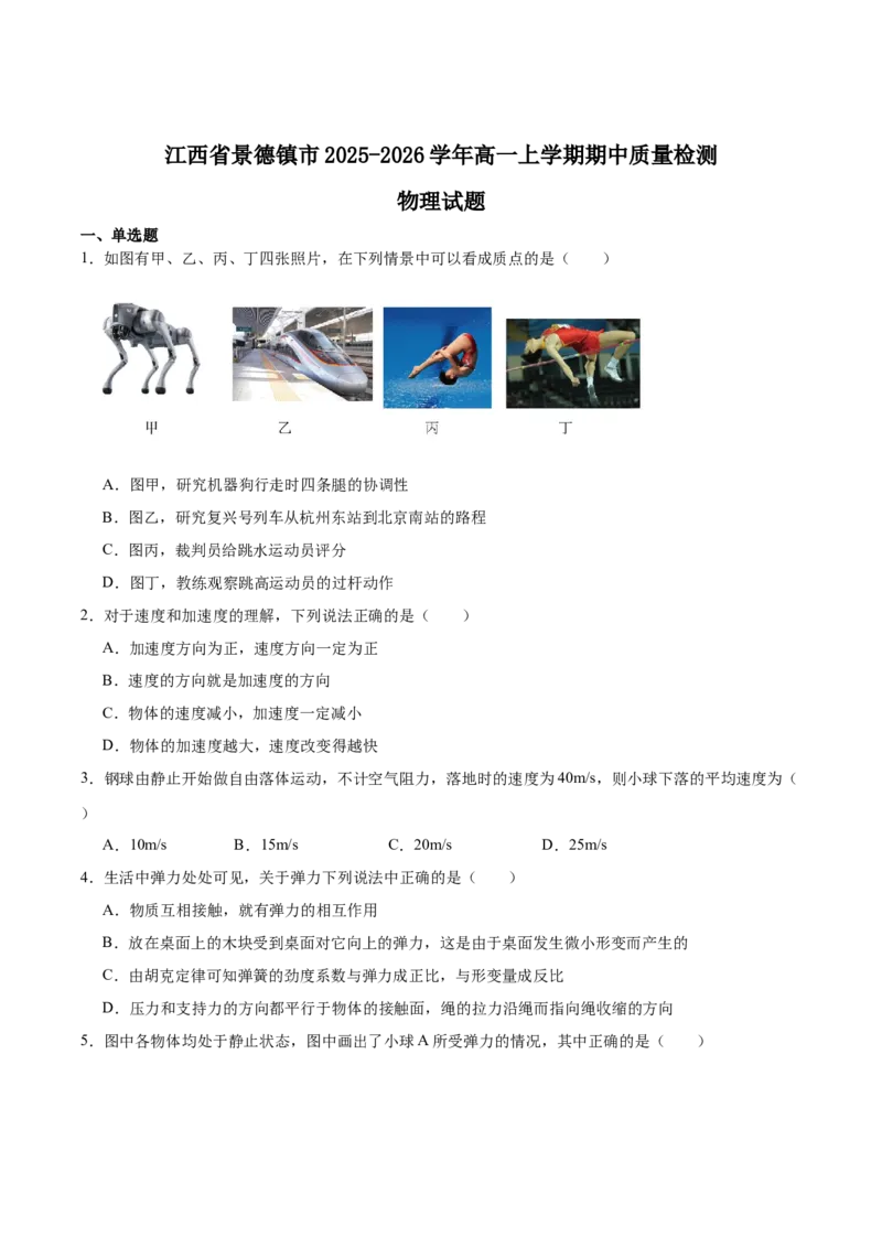 《江西省景德镇市2025-2026学年高一上学期期中考试物理Word版含答案_2026年高一《月考+期中考+阶段性检测真题合集》全国各省全科无水印》第1页预览
