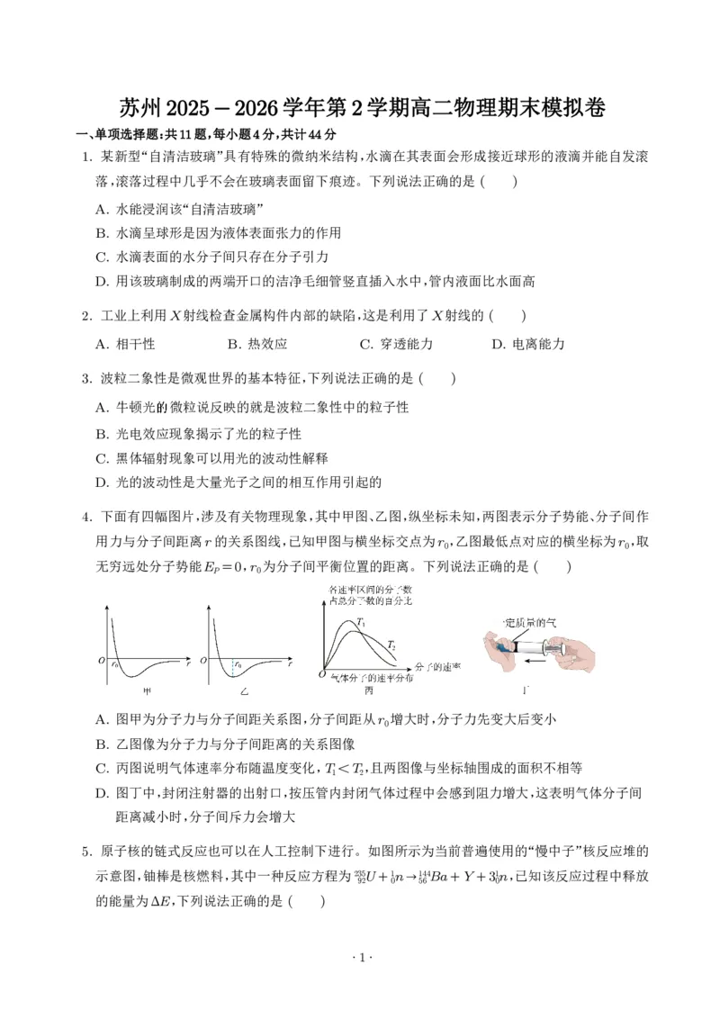 《苏州2025-2026学年第2学期高二物理期末模拟卷_2024-2027高三（6-6月题库）_2026年06月高三试卷（数理化）_2026年6月高中物理试卷汇编_0608物理_苏州2026年高二下学期物理期末模拟卷》第1页预览