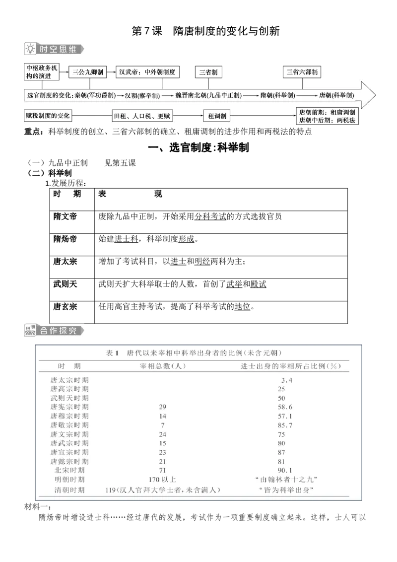 《第7课教师隋唐制度的变化与创新-_新版高中_高中历史新版_高中历史纲要上（统编版）_导学案_学案第一套》第1页预览