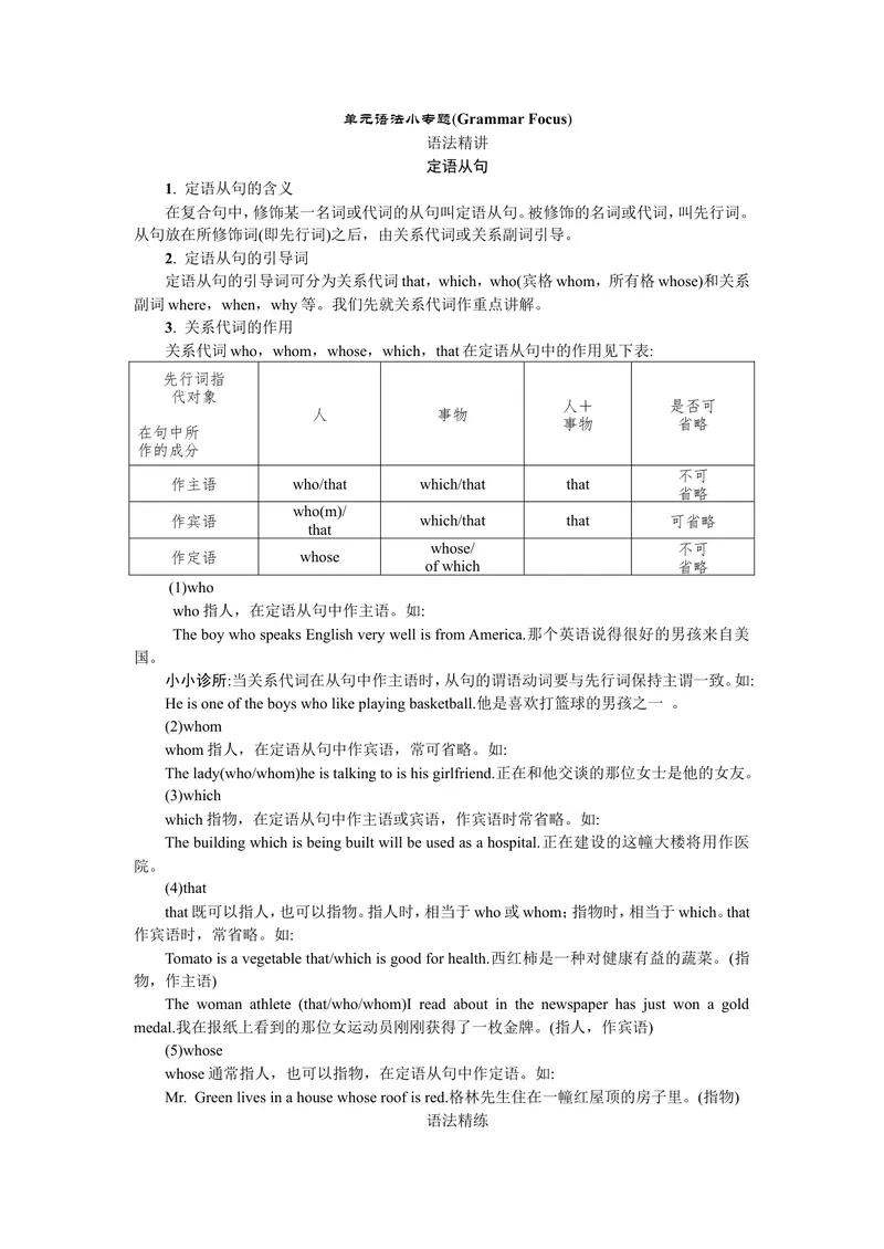 《单元语法小专题_初中英语789_26秋最新人教版英语九年级上册_26秋人教九上_39、赠送其它资料_旧版资料_7.复习课件_复习习题导学案课件_Unit9word习题》第1页预览