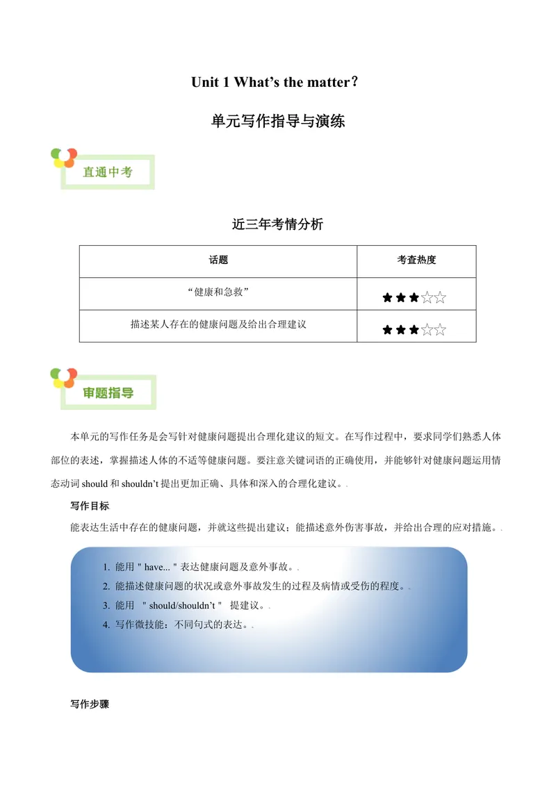 《Unit1What’sthematter？-（人教版）（学生版）_初中英语789_最新人教版英语八年级下册_旧版（有参考价值）_版本二_八年级英语下册（人教版）_单元写作深度指导-V34_2024版》第1页预览