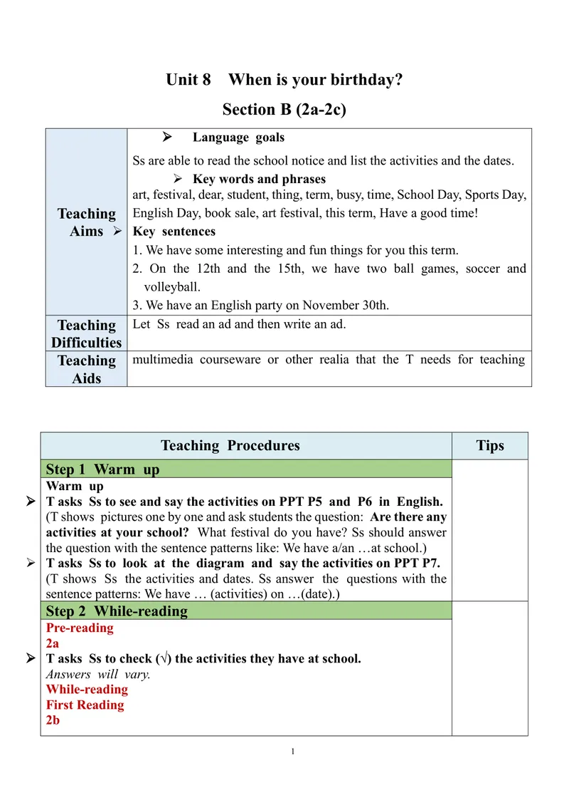 《教案Unit8SectionB(2a-2c)_初中英语789_最新人教版英语七年级上册_英语7上最新改版_赠送英语7上旧版资料和新版课文好多一样仍具有很高参考价值_01.英语7上-课件+核心素养教案》第1页预览