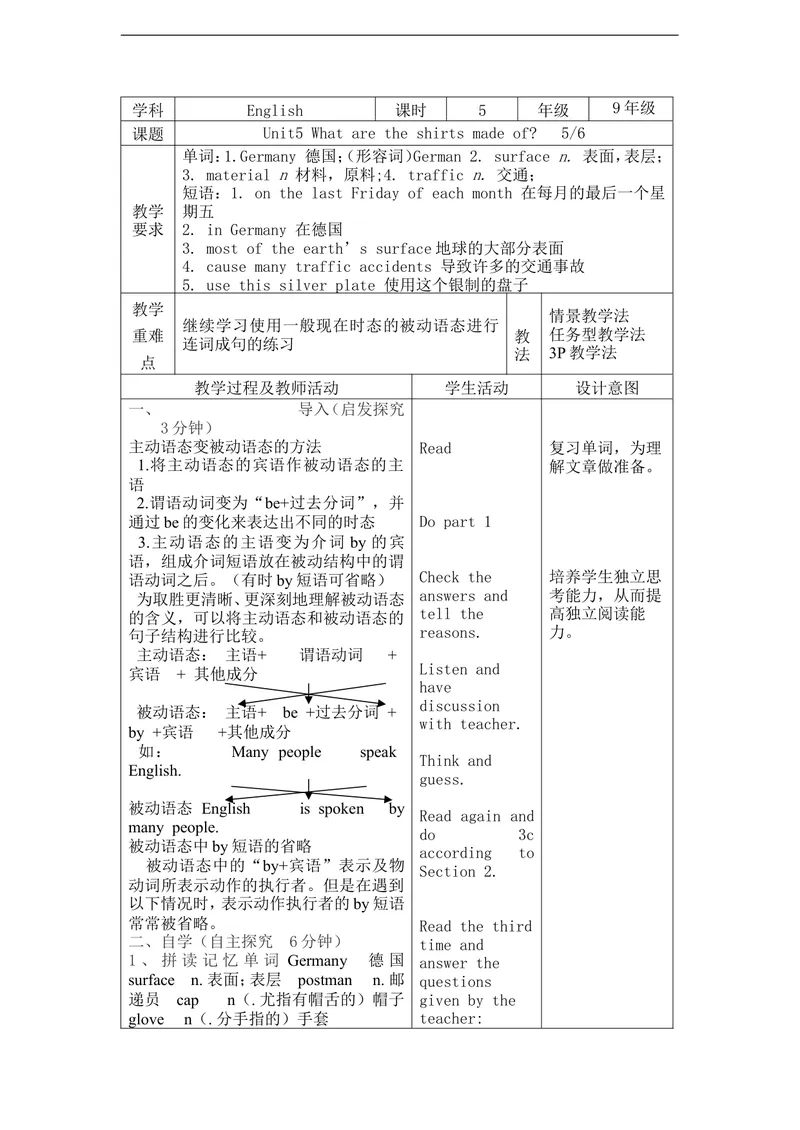《（2014秋）新人教版英语九年级上册Unit5Whataretheshirtsmadeof表格式教案5_初中英语789_26秋最新人教版英语九年级上册_人教版英语九年级全册_人教版初中英语9全一册_3.导学案_Unit5》第1页预览