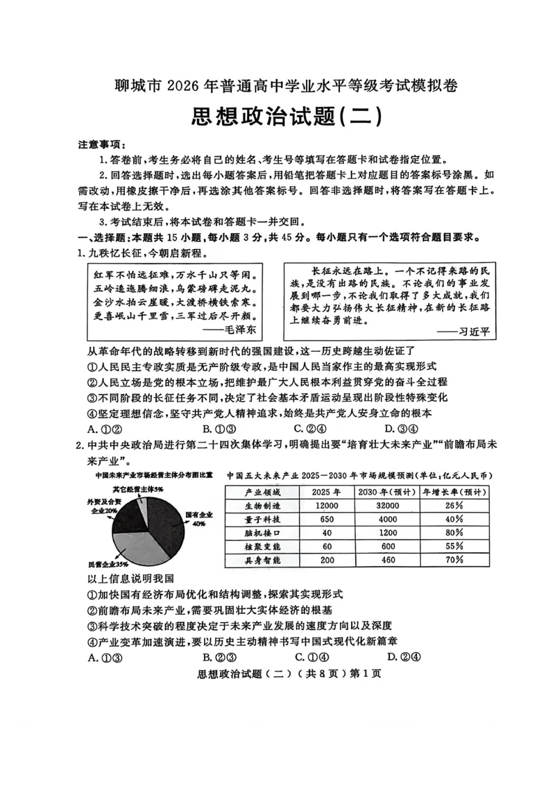 《聊城市2026年普通高中学业水平等级考试模拟卷政治_2024-2027高三（6-6月题库）_2026年05月高三试卷_260503山东省聊城市2026年普通高中学业水平等级考试模拟卷（聊城二模）（全科）》第1页预览