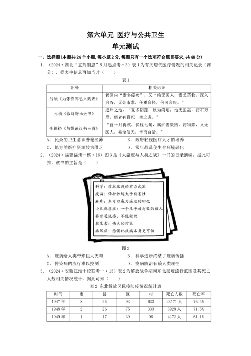 《第六单元医疗与公共卫生单元测试（原卷版）-（统编版选必2）_新版高中_高中历史新版_高中历史选择性必修2（统编版）_单元测试》第1页预览