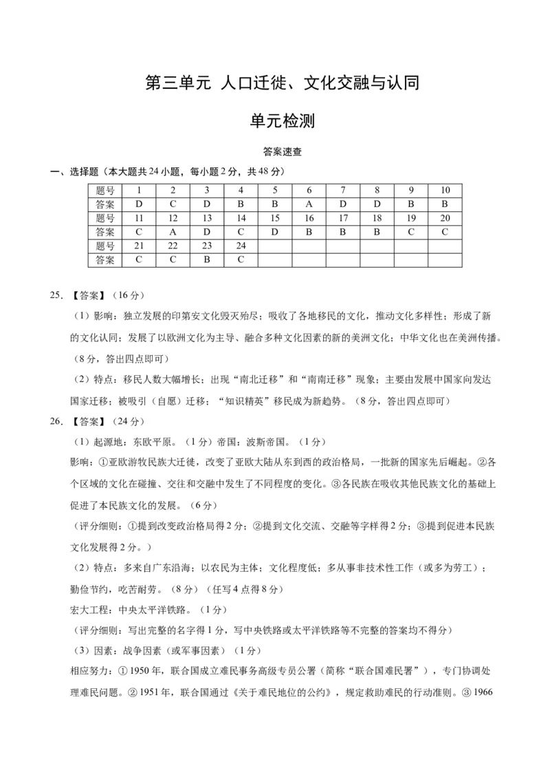 《第三单元人口迁徙、文化交融与认同（单元检测）（参考答案）_新版高中_高中历史新版_高中历史选择性必修3（统编版）_大单元教学课件+教学设计-P21》第1页预览