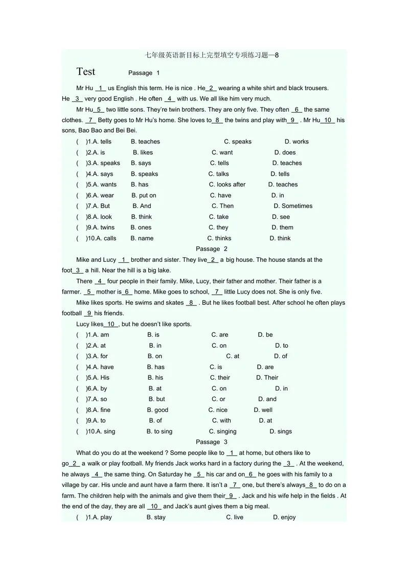 《完型填空专项练习题8_初中英语789_最新人教版英语七年级上册_英语7上最新改版_赠送英语7上旧版资料和新版课文好多一样仍具有很高参考价值_04.英语7上-试题_专题训练》第1页预览