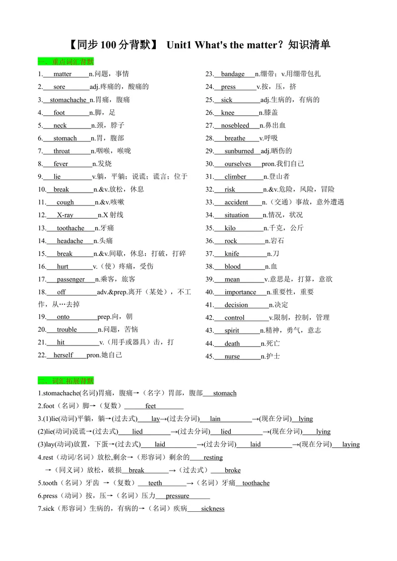 《背默Unit1What'sthematter？知识清单（背诵版）_初中英语789_最新人教版英语八年级下册_旧版（有参考价值）_版本二_八年级英语下册（人教版）_同步知识背默-V30》第1页预览