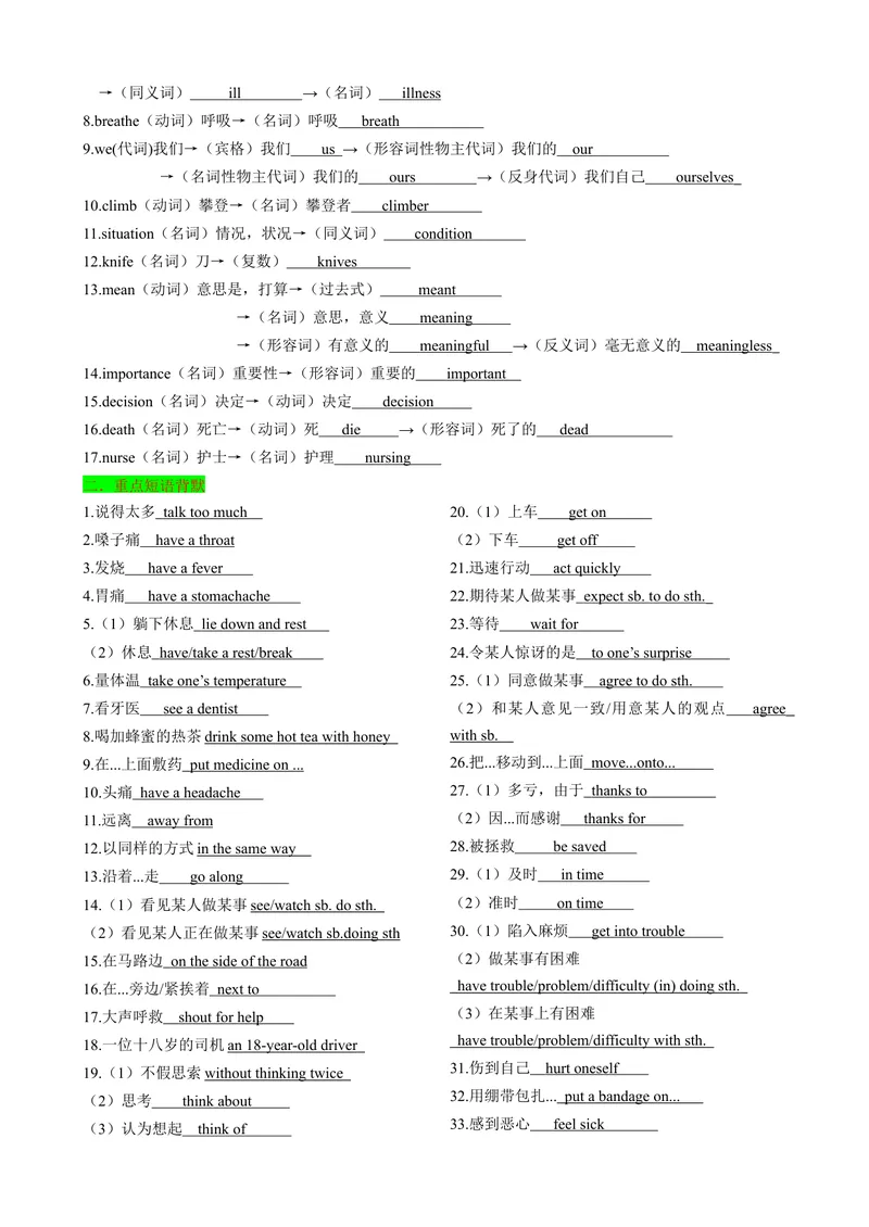 《背默Unit1What'sthematter？知识清单（背诵版）_初中英语789_最新人教版英语八年级下册_旧版（有参考价值）_版本二_八年级英语下册（人教版）_同步知识背默-V30》第2页预览