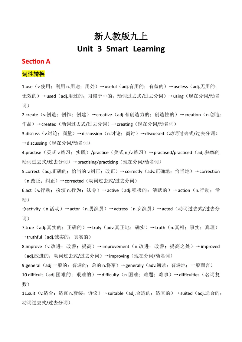 《新人教版九上知识清单U3（送默写版）(1)_初中英语789_26秋最新人教版英语九年级上册_26秋人教九上_08、单元知识清单背诵版+默写版PDF版+word版_知识清单WORD版本》第1页预览