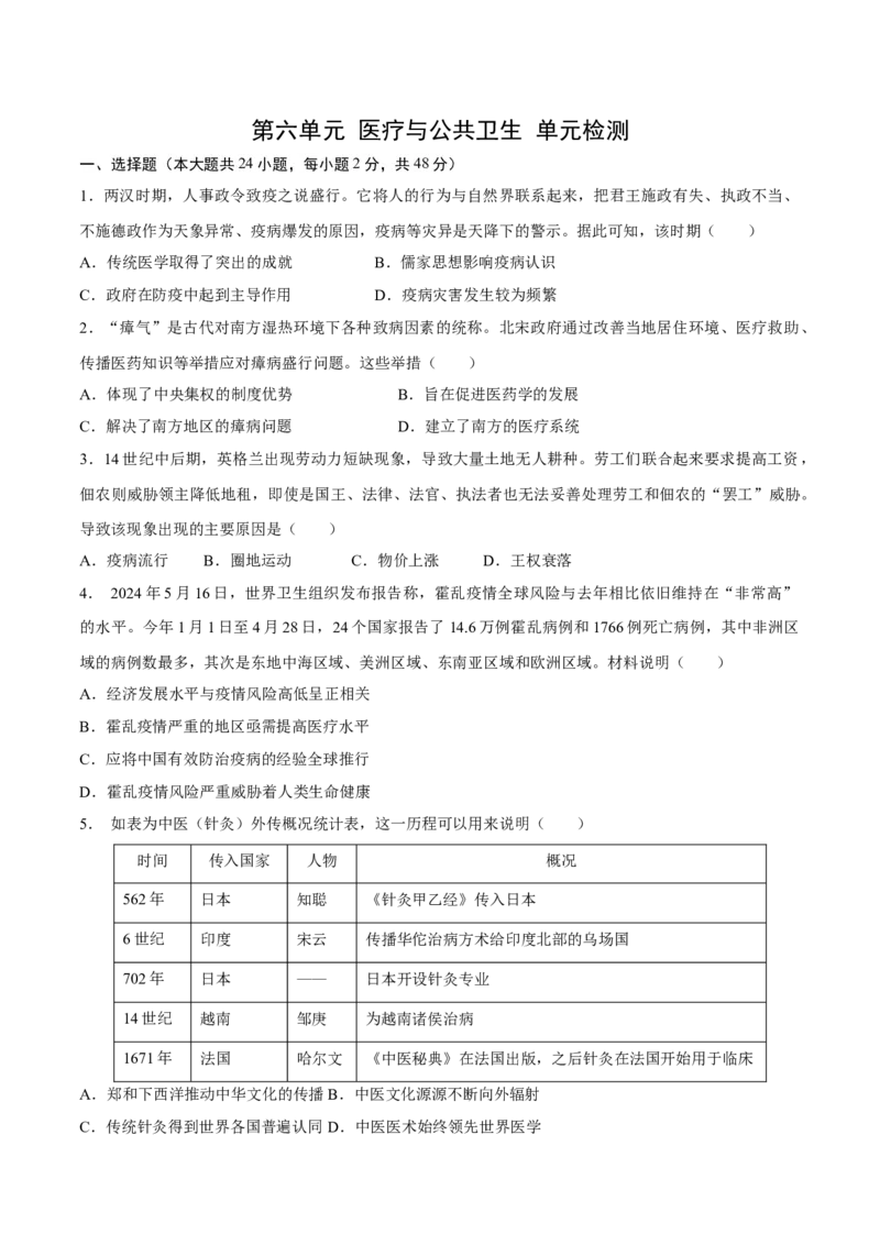 《第六单元医疗与公共卫生（单元检测）（学生版）_新版高中_高中历史新版_高中历史选择性必修2（统编版）_大单元教学课件+教学设计-P21_第六单元医疗与公共卫生》第1页预览