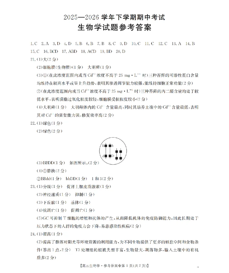 《葫芦岛市县2026届高三下学期期中考试生物答案_2024-2027高三（6-6月题库）_2026年05月高三试卷_260515辽宁省葫芦岛市葫芦岛市县2026届高三下学期期中考试（全科）》第1页预览