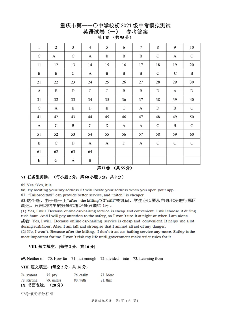 《重庆市第一一〇中学校初2021级中考模拟测试（一）英语试卷参考答案_初中英语789_26秋最新人教版英语九年级上册_人教版英语九年级全册_人教版初中英语9全一册_4.试题试卷_中考模拟卷》第1页预览