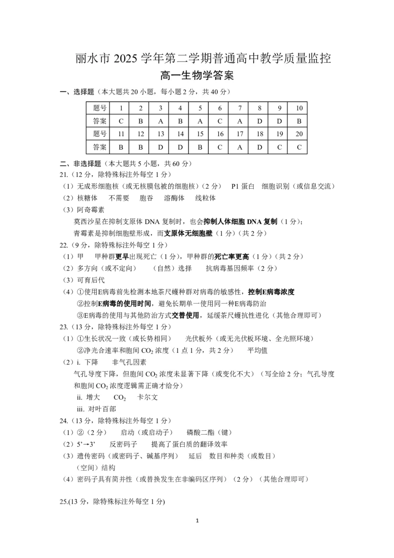 《答案_2024-2027高一（7-7月题库）_2026年06月高一试卷_260627浙江省丽水市2025-2026学年高一下学期6月期末教学质量监控（全）_351》第1页预览