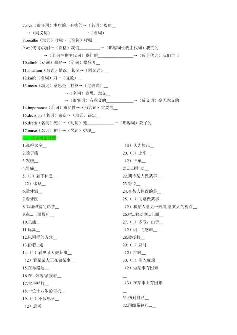 《背默Unit1What'sthematter？知识清单（默写版）_初中英语789_最新人教版英语八年级下册_旧版（有参考价值）_版本二_八年级英语下册（人教版）_同步知识背默-V30》第2页预览