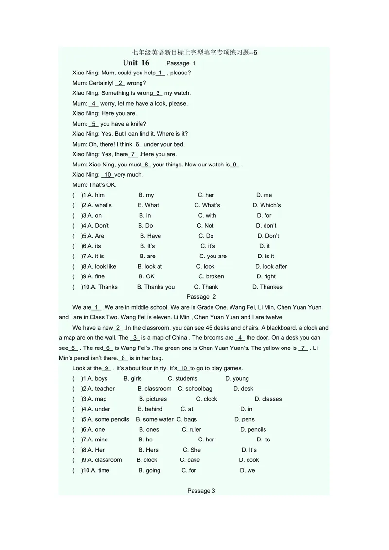 《完型填空专项练习题6_初中英语789_最新人教版英语七年级上册_英语7上最新改版_赠送英语7上旧版资料和新版课文好多一样仍具有很高参考价值_04.英语7上-试题_专题训练》第1页预览