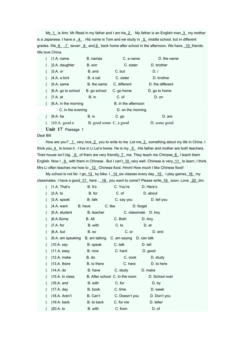 《完型填空专项练习题6_初中英语789_最新人教版英语七年级上册_英语7上最新改版_赠送英语7上旧版资料和新版课文好多一样仍具有很高参考价值_04.英语7上-试题_专题训练》第2页预览