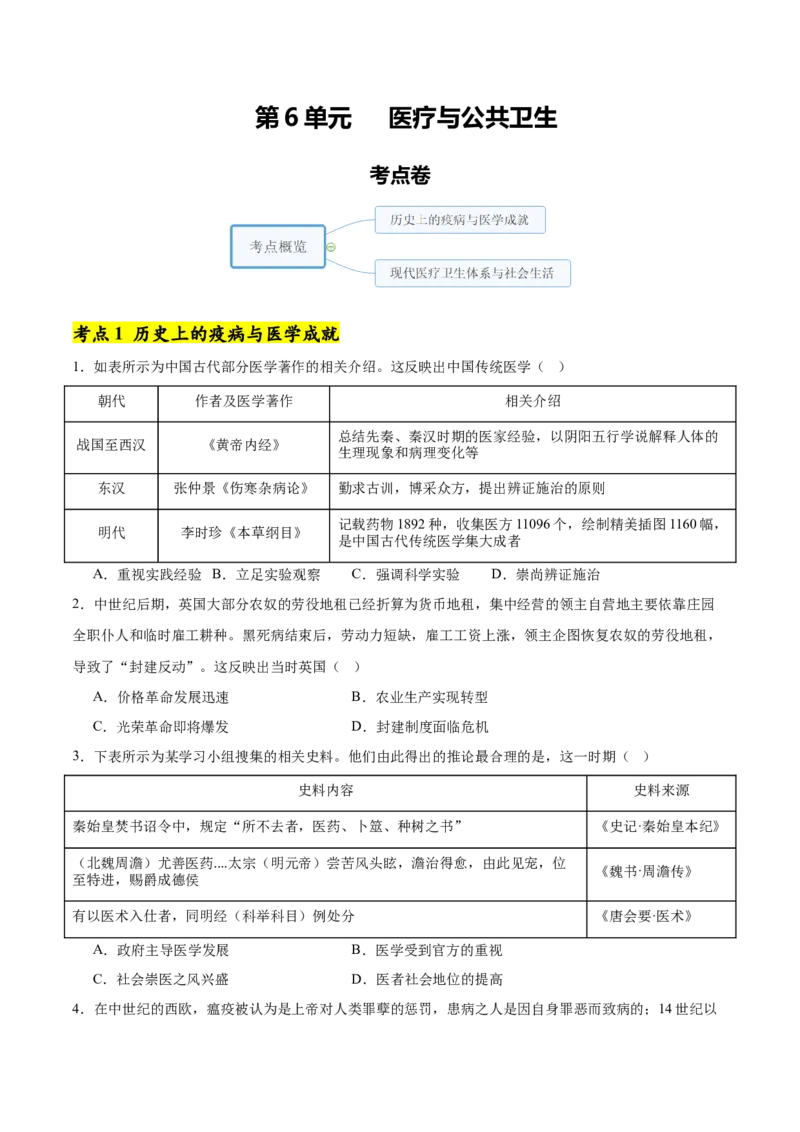 《第6单元医疗与公共卫生（单元卷·考点卷）（学生版）_新版高中_高中历史新版_高中历史选择性必修2（统编版）_单元复习专项-P43_2025版》第1页预览