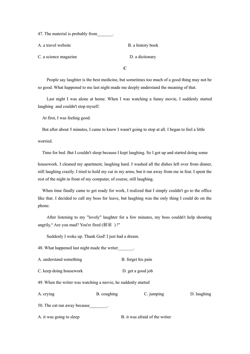 《重庆市2020年初中学业水平暨高中招生考试英语试题(A卷)（word版，含答案）_初中英语789_26秋最新人教版英语九年级上册_人教版英语九年级全册_人教版初中英语9全一册_0最新更新_重庆市》第7页预览