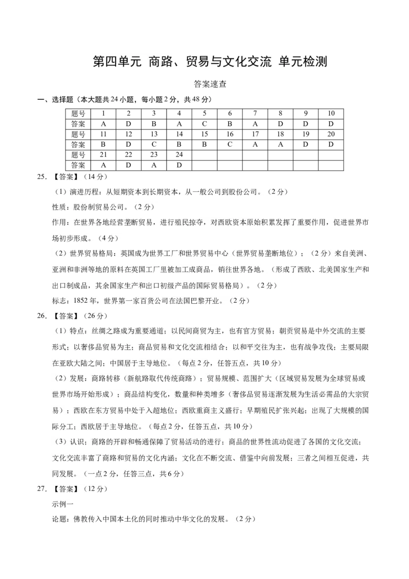 《第四单元商路、贸易与文化交流（单元检测）（参考答案）_新版高中_高中历史新版_高中历史选择性必修3（统编版）_大单元教学课件+教学设计-P21_第四单元商路、贸易与文化交流》第1页预览