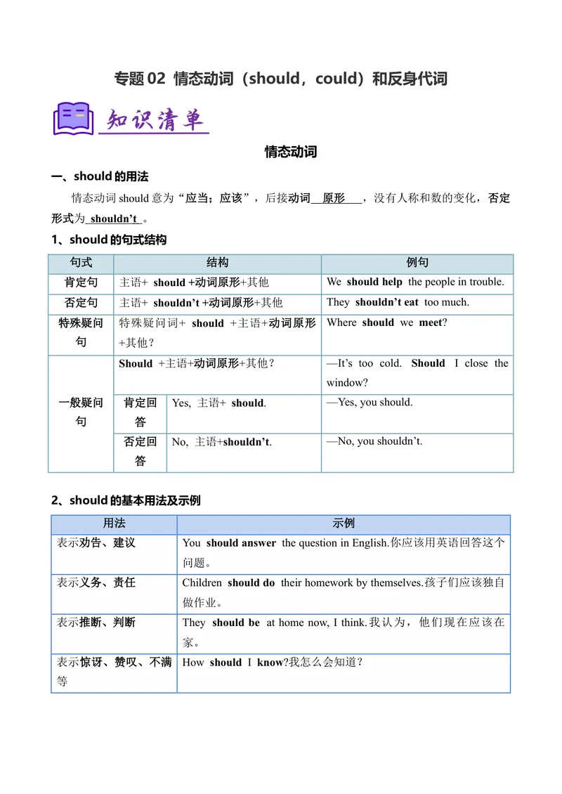 《考点清单02情态动词（should，could）和反身代词（精讲精练）（教师版）_初中英语789_最新人教版英语八年级下册_旧版（有参考价值）_版本二_八年级英语下册（人教版）_期末专项复习-U302》第1页预览