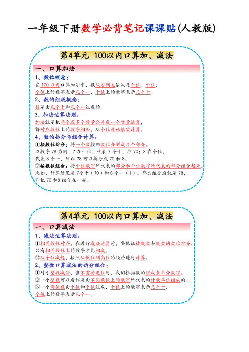 《一年级（下）数学必背笔记课课贴《人教版》_赠送2026小学1-6年级资料合集(按需自取)_一年级_一年级（下）数学必背笔记课课贴《人教版》》第3页预览