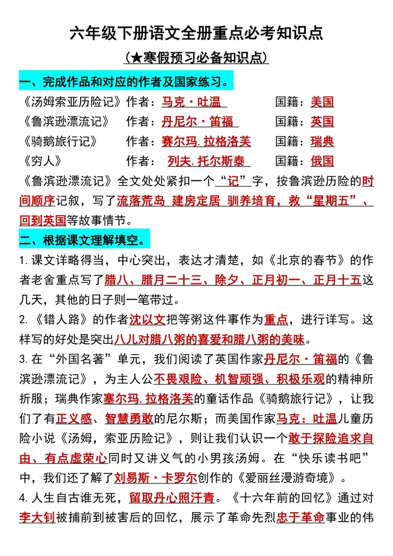 《六年级语文下册知识点归纳总复习_小学1-6年级全科全套_1-6年级全科下册_六年级_语文》第1页预览