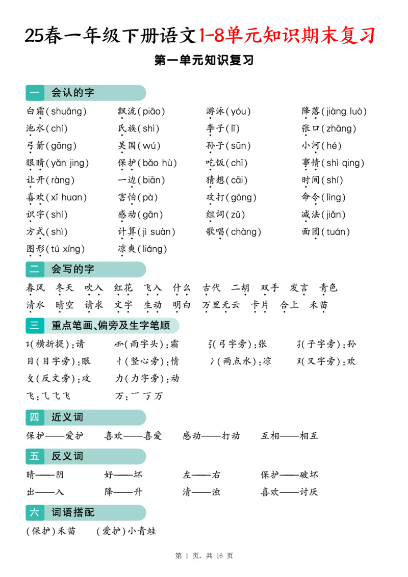 《一年级(下)语文1-8单元知识期末复习(16页)_赠送2026小学1-6年级资料合集(按需自取)_一年级》第1页预览