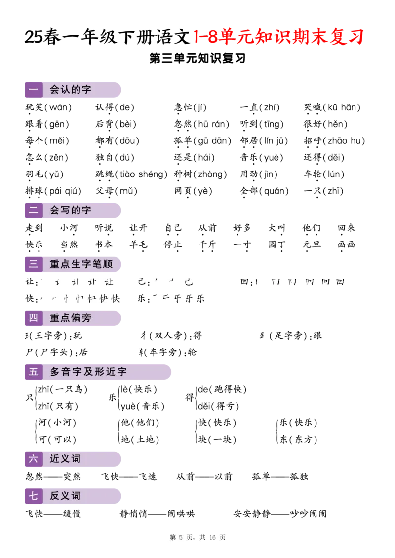 《一年级(下)语文1-8单元知识期末复习(16页)_赠送2026小学1-6年级资料合集(按需自取)_一年级》第5页预览